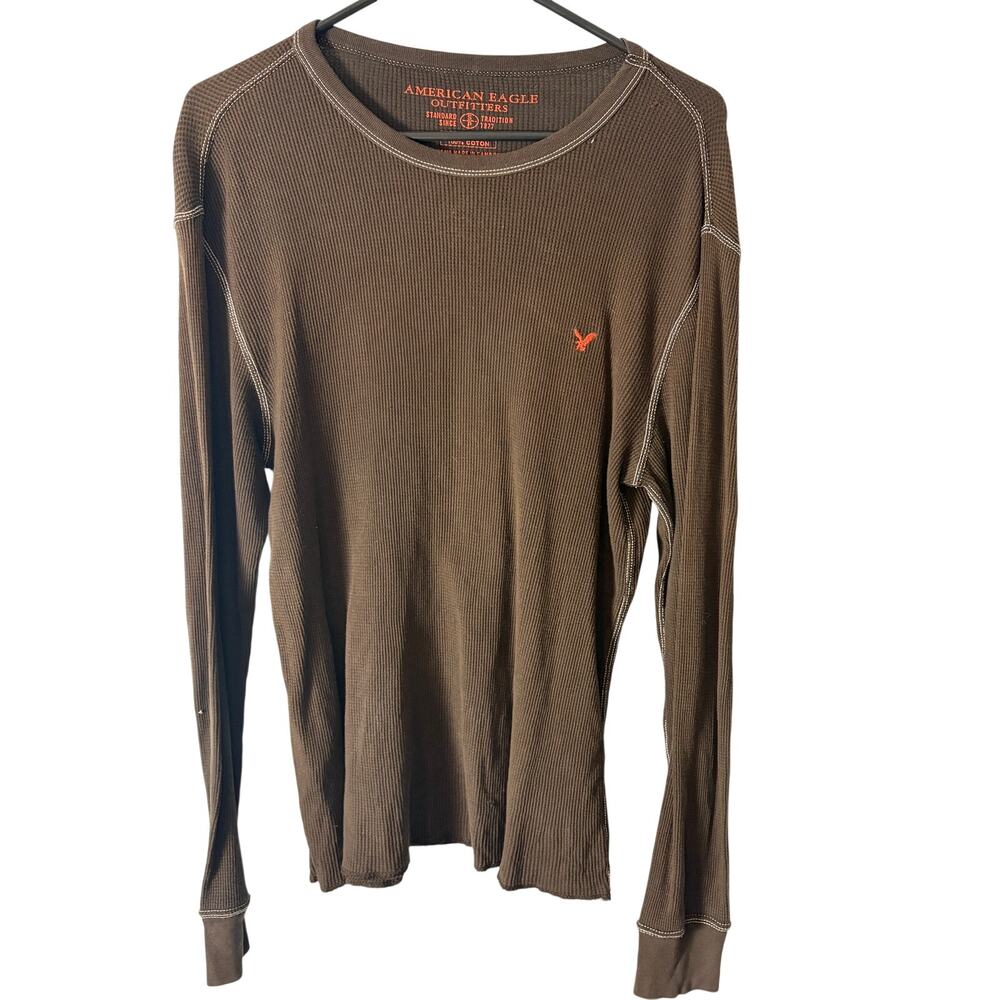 American Eagle Brown Y2K‎ Waffle Knit Thermal Top Contrast Stitch Size S